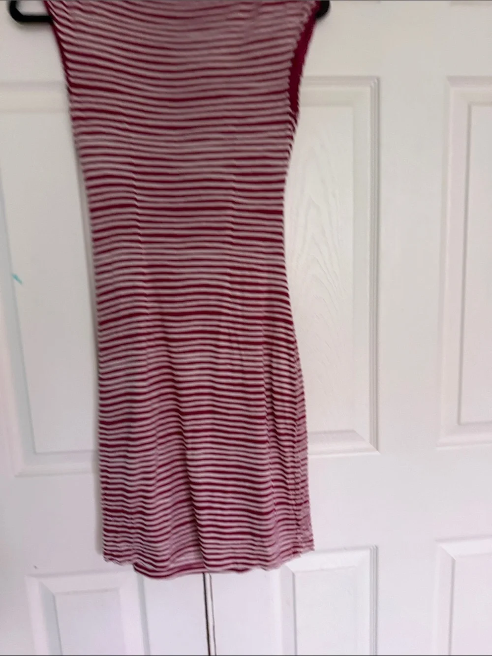 LOFT Wine Red and White Striped Cap-Sleeve Ruched Midi Dress - Picture 5 of 7